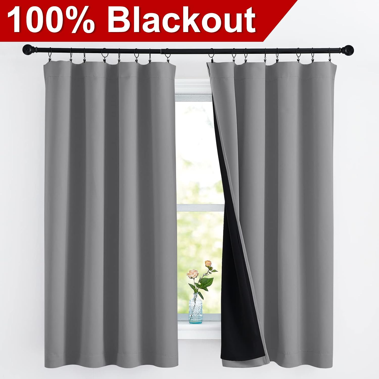Nicetown 100% Blackout Curtains 63 inches Long, Soft Thermal Insulated Rod Pocket 2-Layer Lined Drapes, Energy Efficiency Window Draperies…
