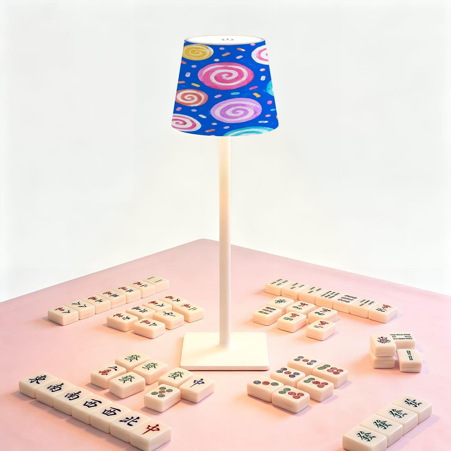 Cordless Mahjong Lamp Colorful Swirl Candy Pastel Spirals Confetti Bright Blue Small LED Lamp 3 Color Dimmable Rechargeable Lamps for Mah…