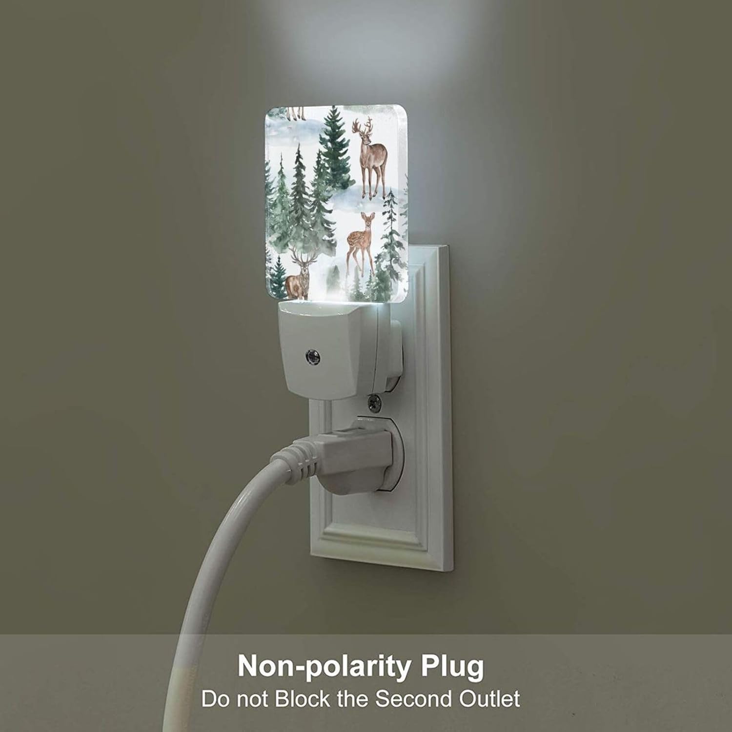 Watercolor Deer and Forest Night Light, Plug Into Wall for Boys Girls Bedroom Decorative Square Night Light Lamp 0.5w Sleep Friendly