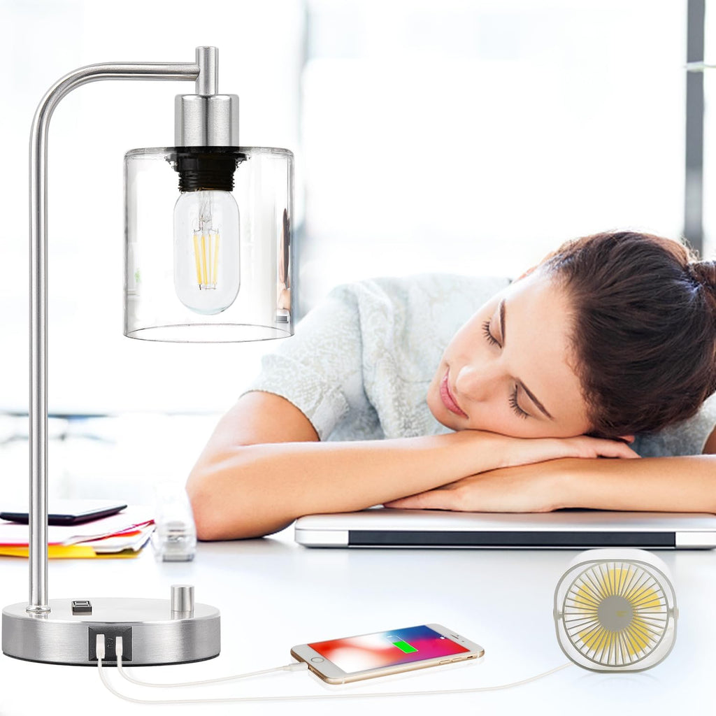 Set of 2 Industrial Table Lamps with USB C+A Ports and Outlet, Brushed Nickle Fully Stepless Dimmable Bedside Lamps, Nightstand Lamp with…