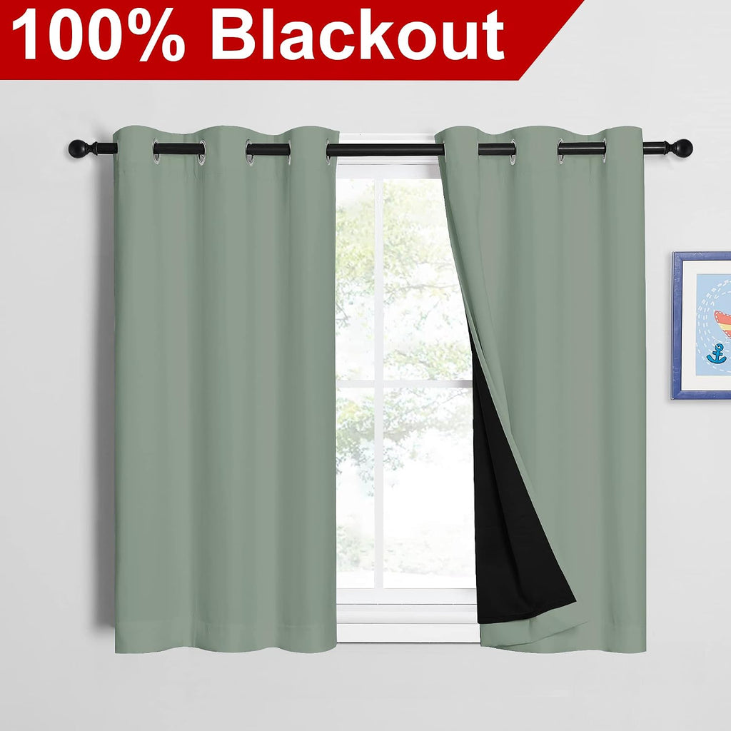 Nicetown Greyish Green 100% Blackout Curtains 45 inches Long, 2 Thick Layers Completely Blackout Window Treatment Thermal Insulated Lined D…