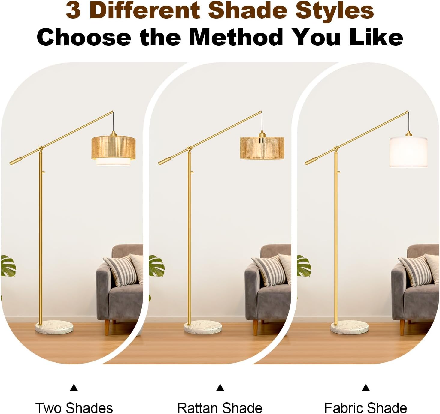 Upgraded】Arc Floor Lamp for Living Room, Boho Dimmable Swing Arm Floor Lamp with Rattan & Fabric Shades, Gold Rattan Standing Lamp with…