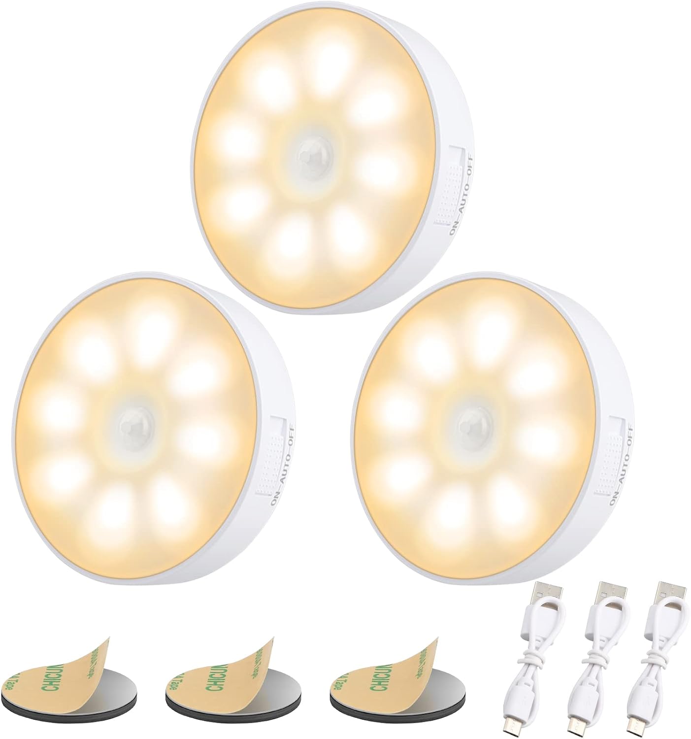 3 Pack Motion Sensor Light, 8 LEDs Rechargeable Night Light, with USB Cable & Magnetic Patch, 3 Modes, Cordless Safe Wall Light for…