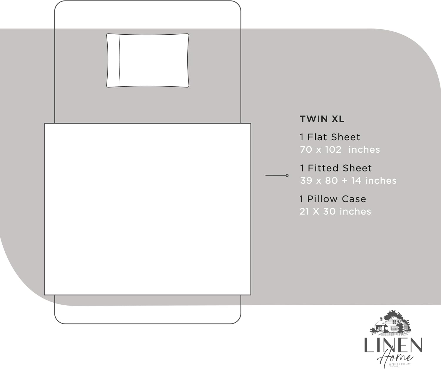 Linen Home 100% Cotton Percale Sheets Twin XL Size, Silver, Deep Pocket, 3 Pieces Set - 1 Flat, 1 Deep Pocket Fitted Sheet and 1…