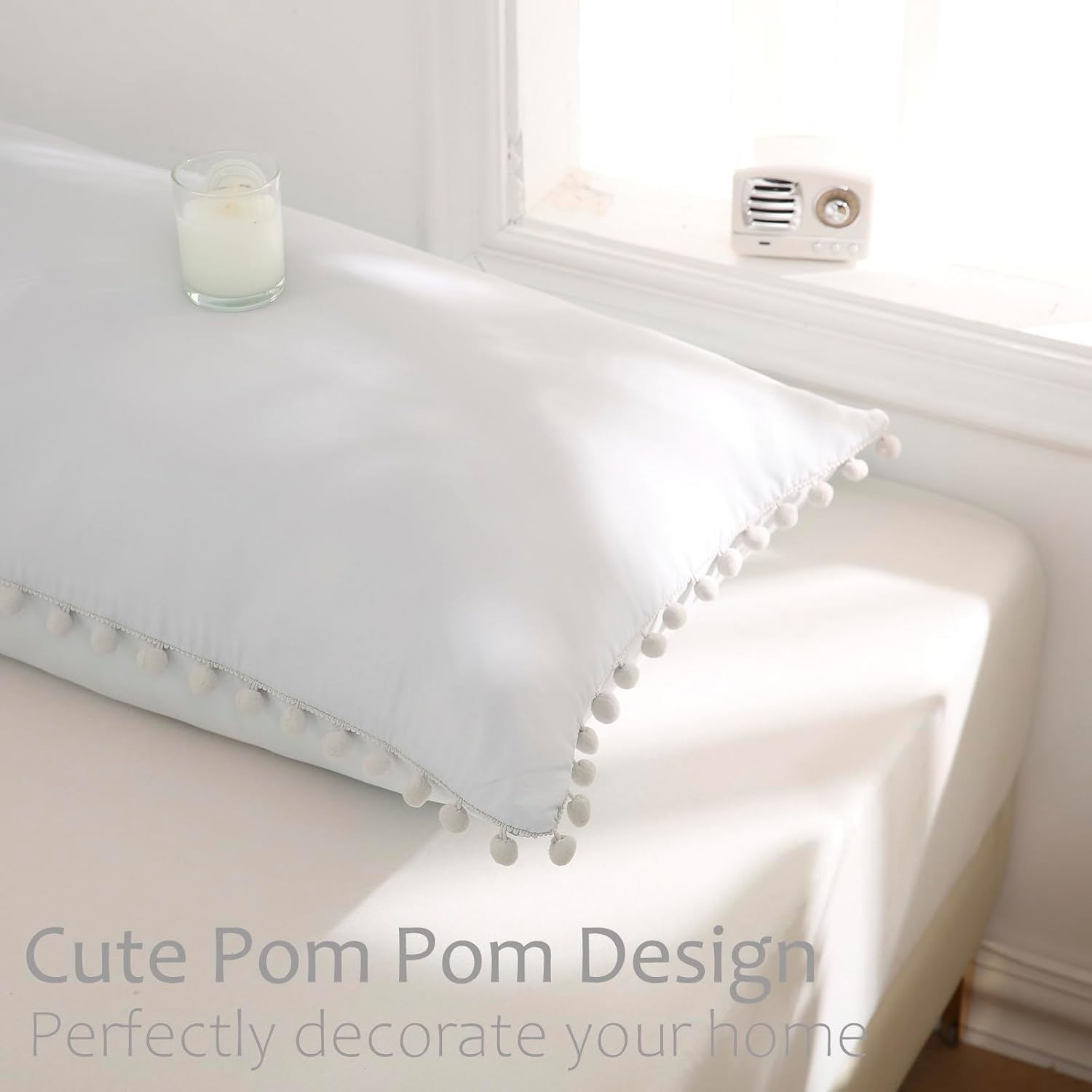 Moveover Light Gray Pom Poms Pillowcases, Standard Queen Pillow Cases Set of 2, 100% Washed Microfiber, Pale Gray Ball Fringe Pillow Cover,…