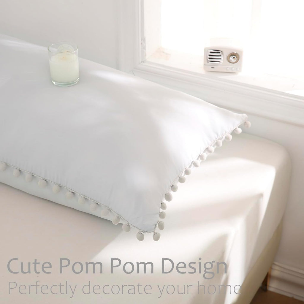 Moveover MOVE OVER Beige Gray Pillowcases King Size Boho Pom Pom Pillowcases Set of 2 Solid Light Gray Pom Pom Fringe Pillow Case Cover 2 P…