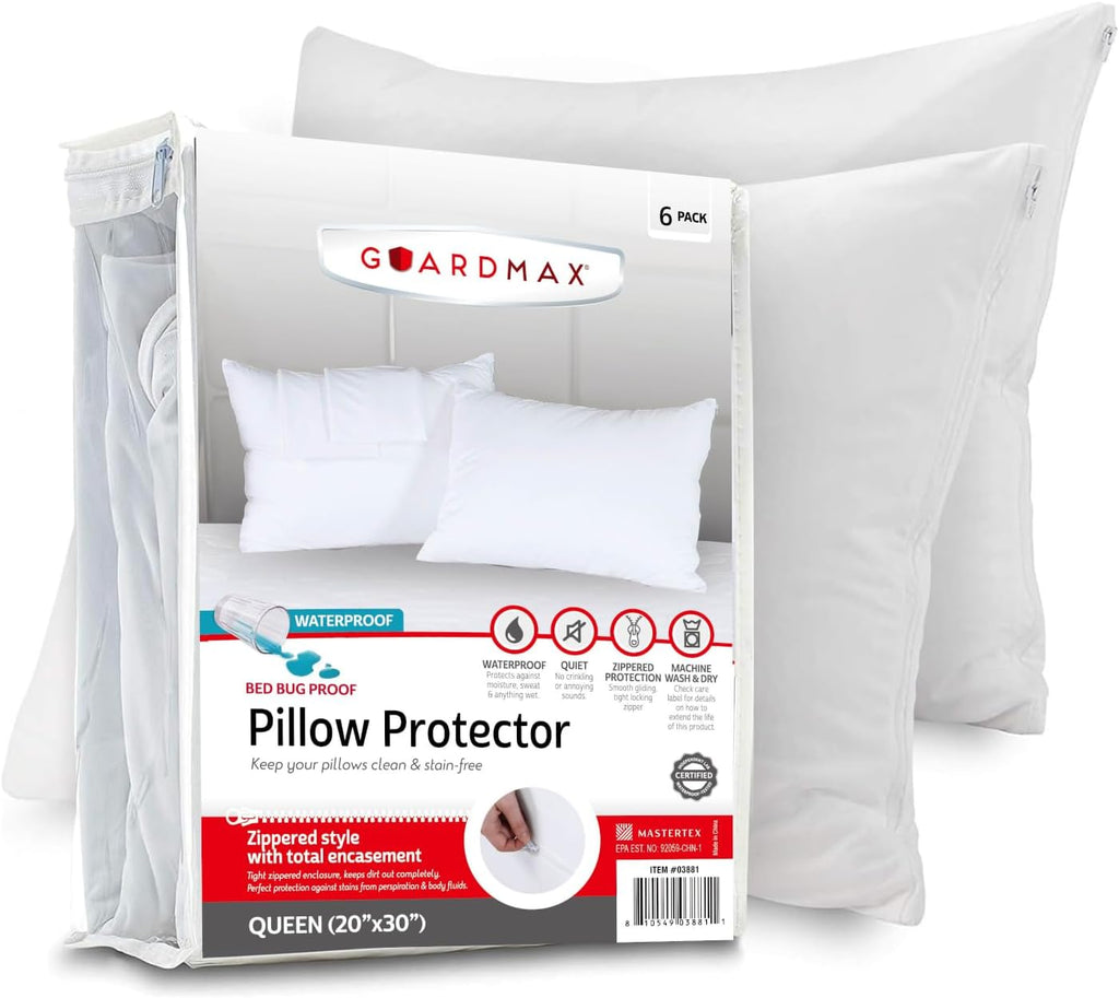 Guardmax Jersey Knitted Pillow Protector with Zipper Queen Size - 6 Pack - 100% Waterproof, Bed Bug Proof, Dust Mite Proof, & Hypoallergeni…