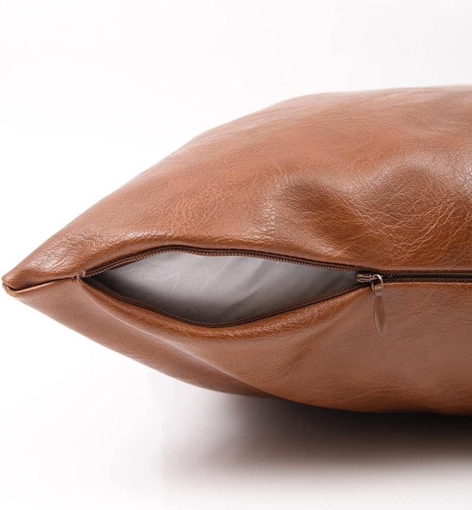 Fancy Homi Brown Boho Faux Leather Decorative Throw Pillow Covers 16x16 Inch for Living Room Couch Bed, Hand Stitched Accent Square…