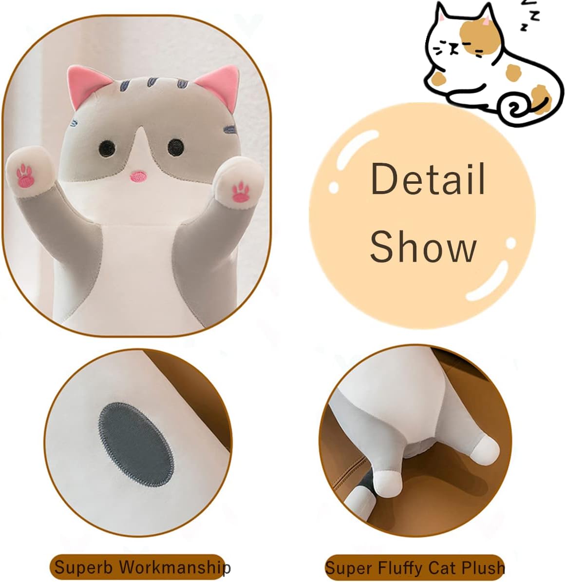 Rexinc Long Gray Cat Plush Pillow Toy Sleeping Pillow Cute Cartoon Cat Stuffed Animals Soft Long Body Pillow Gift for Kids(35.43in)