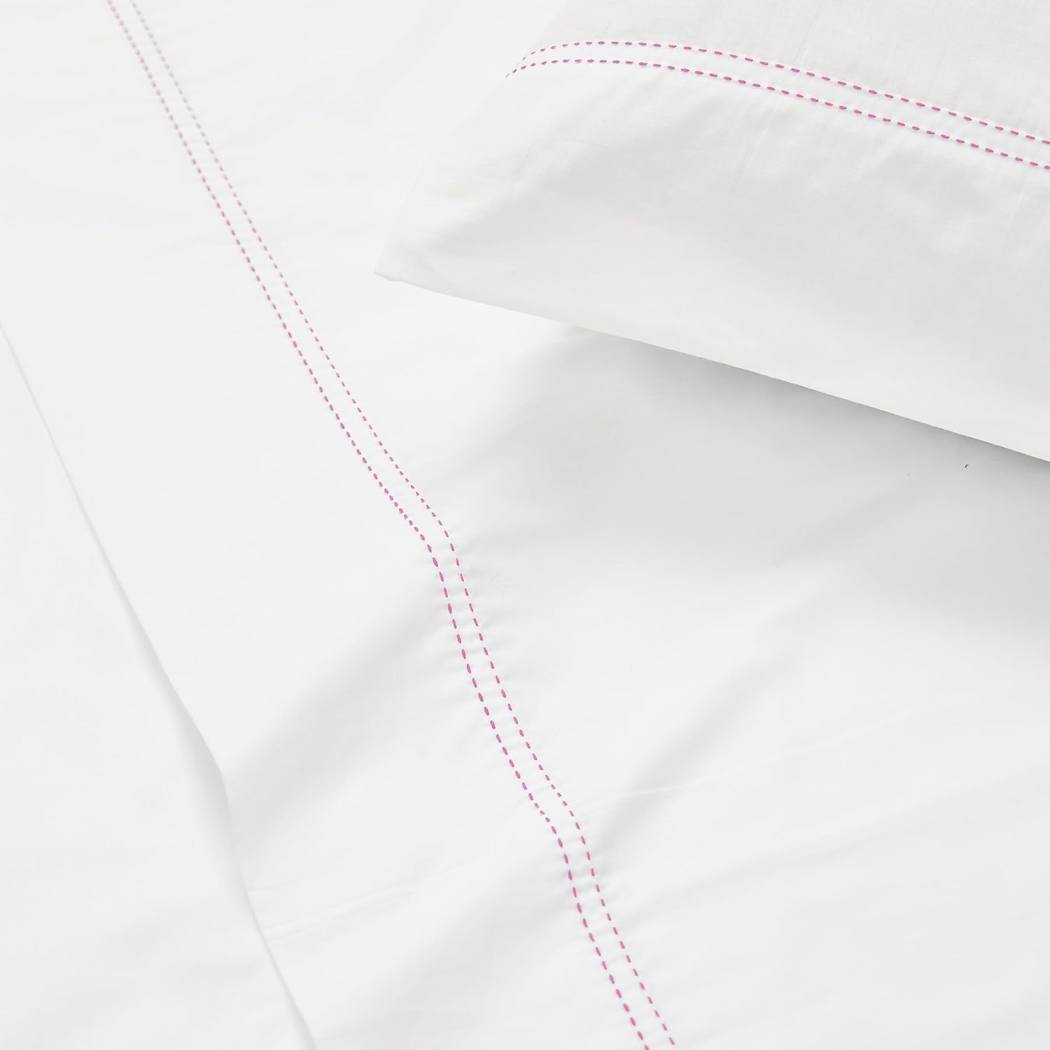 Scout 100% Cotton Percale Pick Stitch 2-Piece King Pillowcases in White/Pink Lemonade, Solid Color, Oeko-TEX Certified Cotton White