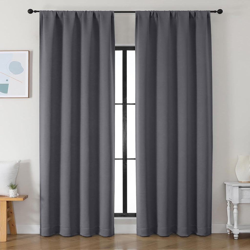 Simplebrand Ava Grey Blackout Curtains for Bedroom 90 Inches Long 2 Panels Set, Solid Privacy Energy Saving Living Room Window Treatment Cu…