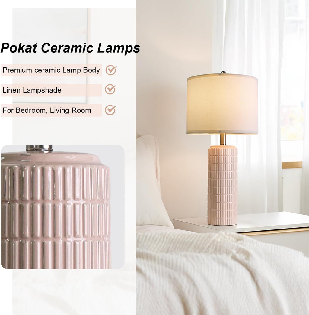 PoKat 27.5" Pink Ceramic Table Lamps for Girls Room Set of 2, Modern Bedroom Lamps, Bedside Lamps for Night Stands Living Room, Cute…