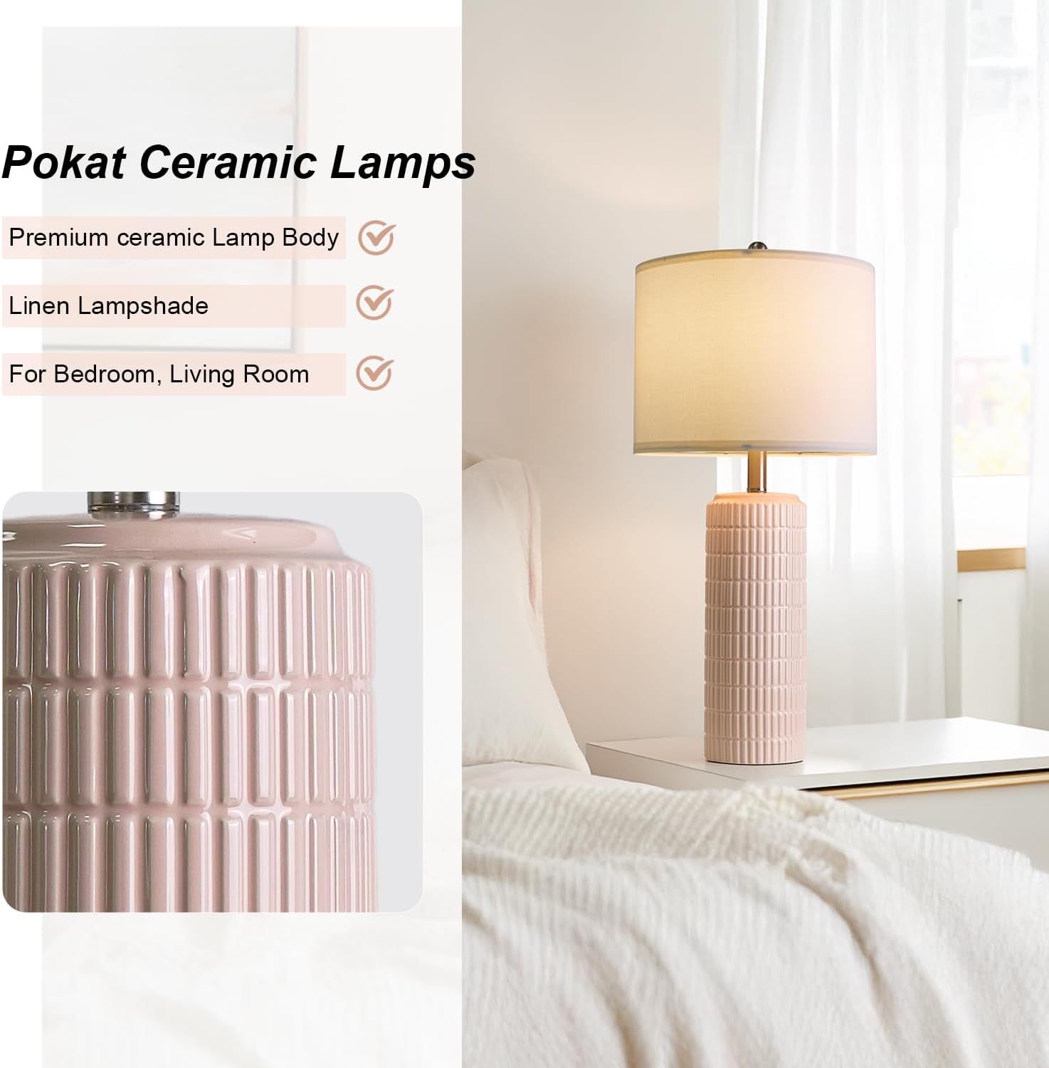 PoKat 27.5" Pink Ceramic Table Lamps for Girls Room Set of 2, Modern Bedroom Lamps, Bedside Lamps for Night Stands Living Room, Cute…