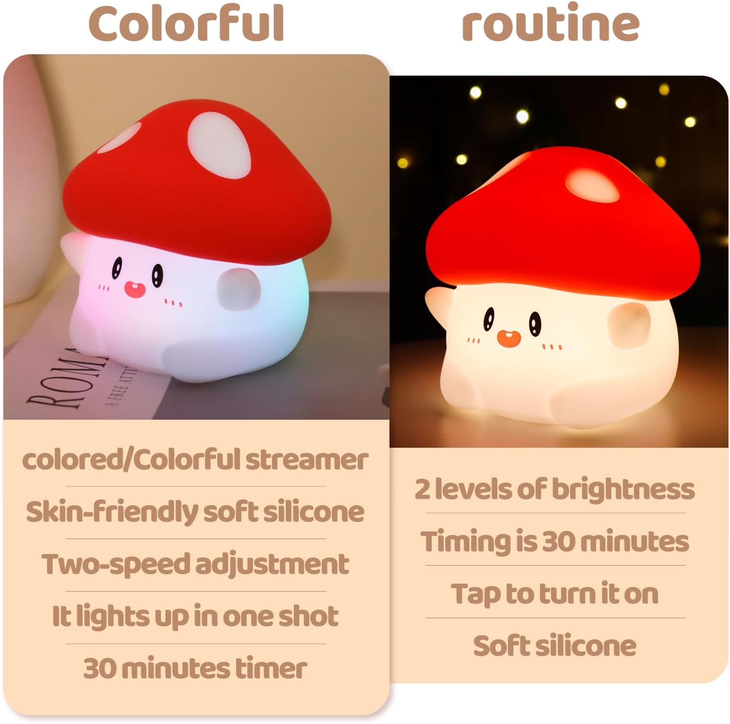 Rytinazzz Silicone Night Light for Kids, 50H Long Battery Mushroom Lamp, RGB Color Changing Mood Light, Gift for Kids, Rechargeable Tap…