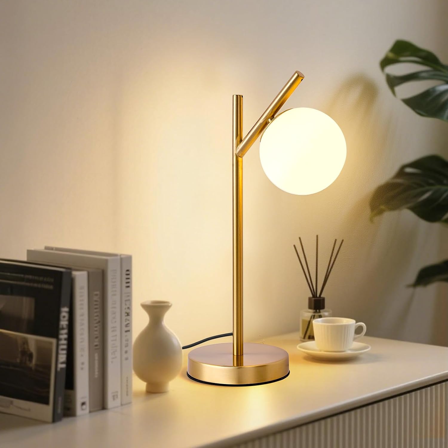 KardleenFocusOnIndoorLight Gold Table Lamp, White Glass Globe lamp Mid Century Modern Bedside lamp Soft Glow Bedside Nightstand Light for B…