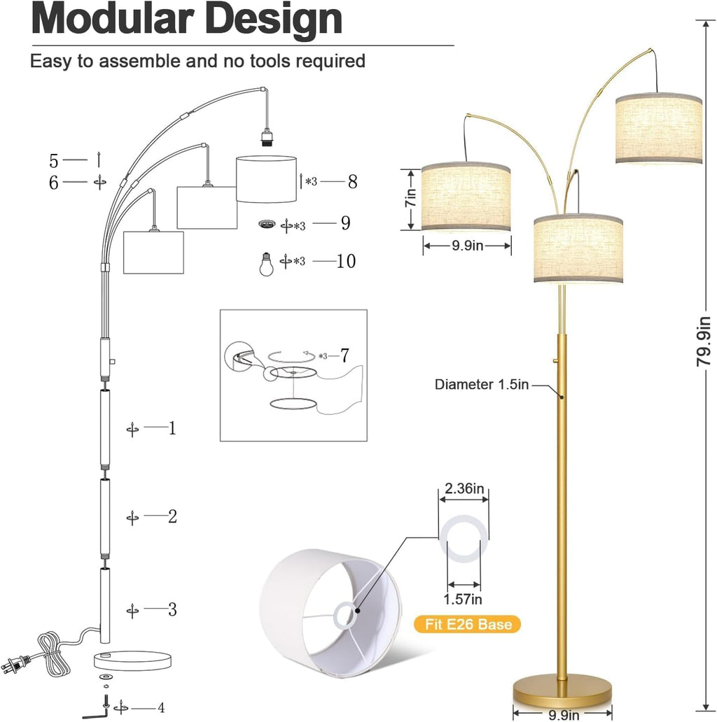 Nintiue Dimmable Floor Lamp - 3 Lights Gold Arc Floor Lamps for Living Room, 1000LM Modern Tall Standing Lamp with White Shades, Mid…