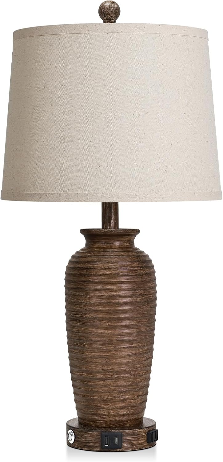 CINSARY 25" Retro Walnut Brown Farmhouse Jar Table Lamps Set of 2, 3 Way Touch Control Rustic Bedside Lamps with USB A+C Ports & AC…