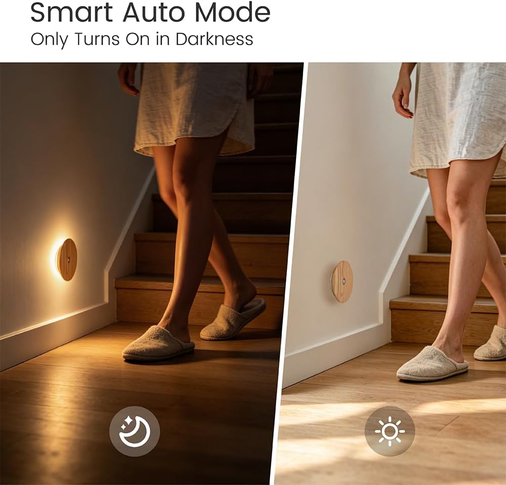 Motion Sensor Night Light Wood, Rechargeable Battery-Powered Magnetic Stick-On Night Light Wall Light for Indoor Stairs, Hallway, and…