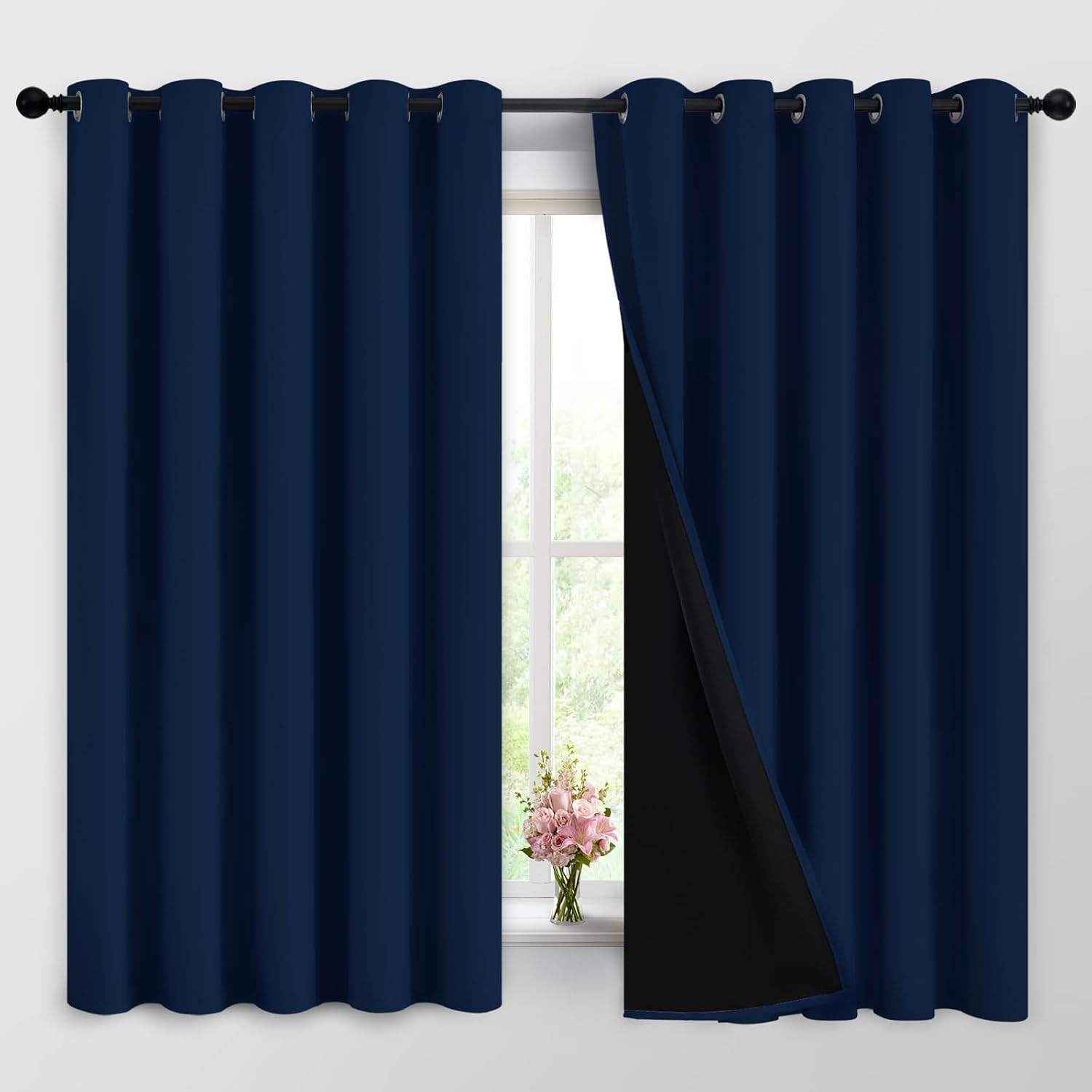 Yakamok Navy Blue 100% Blackout Curtains Energy Saving Thermal Insulated 2 Thick Layers Completely Blackout Drapes with Black Liner for Bed…