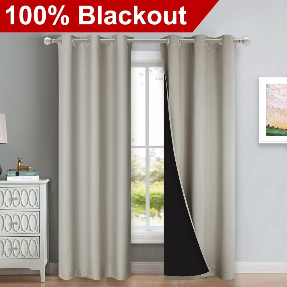 Nicetown Natural Blackout Curtains 80 inches Long, Full Light Blocking Drapes with Black Liner for Nursery, Thermal Insulated Draperies for…