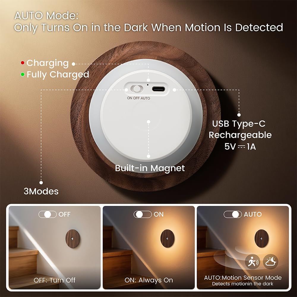 Motion Sensor Night Light Wood Rechargeable Battery Powered Stick-On Step Lights Magnetic Closet Warm Nightlight for Hallway Bedroom…