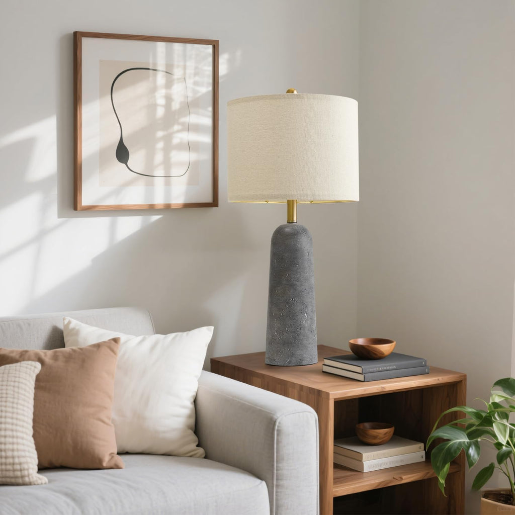 BOBOMOMO 27.25" Modern Table Lamp Set of 2, Gray Resin Lamp with Natural Stone Look, Lamps for Living Room with Linen Shades, Nightstand…