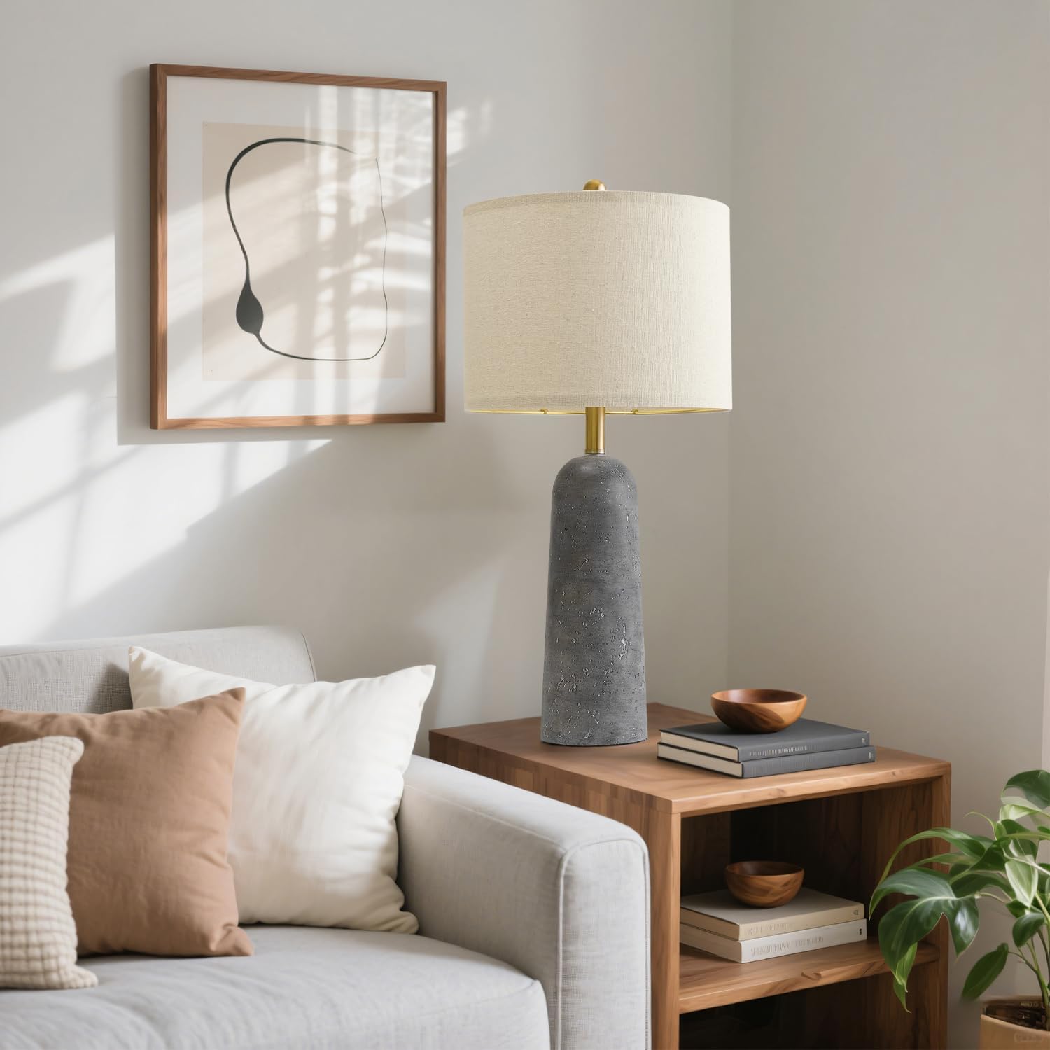 BOBOMOMO 27.25" Modern Table Lamp Set of 2, Gray Resin Lamp with Natural Stone Look, Lamps for Living Room with Linen Shades, Nightstand…