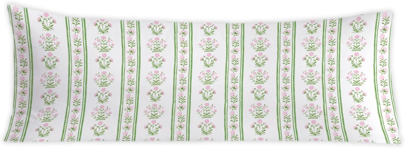 Pink and Green Grandmillennial Floral 20x54 Body Pillow Cover, Cottagecore Room Decor, Rustic Farmhouse Flower Botanical Decorative Long…