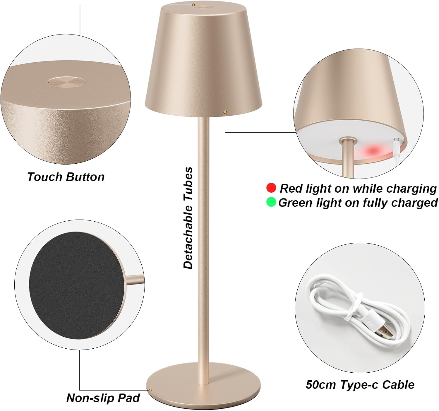 Kakanuo Champagne Gold Cordless Table Lamp Rechargeable - 2 Pack Battery Operated Lamp for Counter, 3 Color Stepless Dimming Wireless…