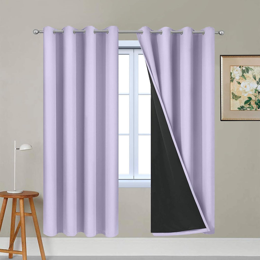 Yakamok Lilac 100% Blackout Lined Curtains, 2 Thick Layers Completely Blackout Window Treatment Thermal Insulated Drapes for Kitchen/Bedroo…