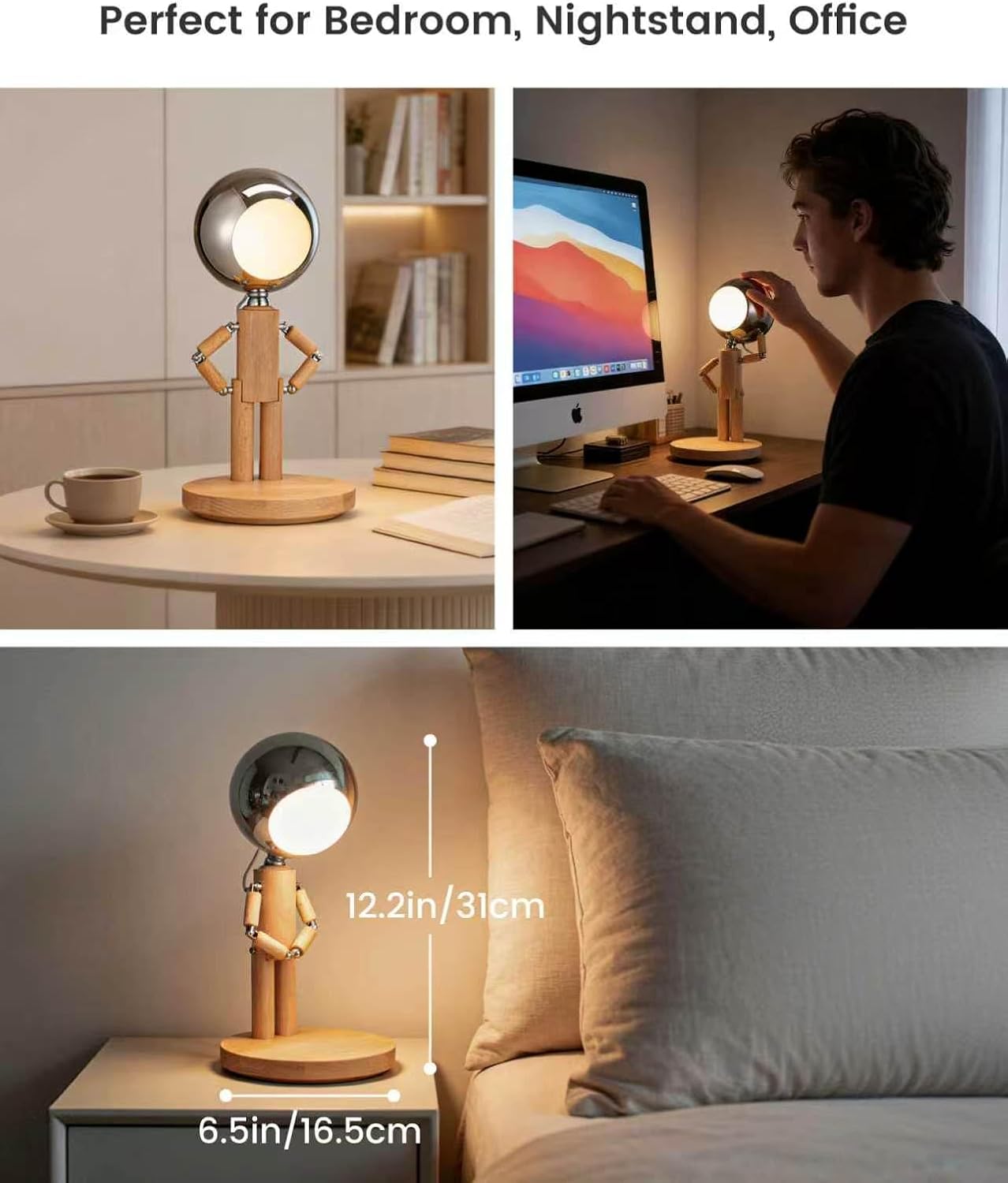 Rechargeable Cordless Desk Lamp, Creative Wooden Table Lamp with 3 Color &Stepless Dimming, Adjustable Pause Moon Lamp, Unique Decorative…