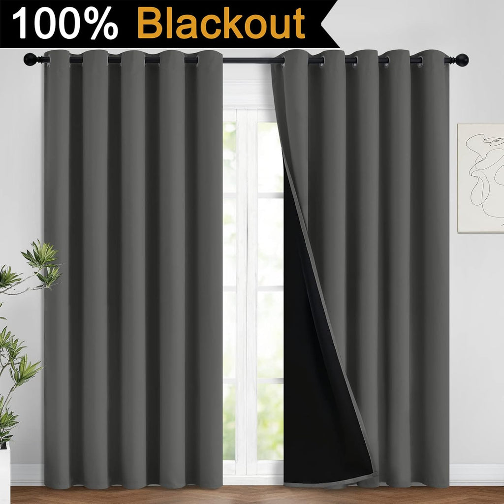 Dark Grey Full Shade Curtain Panels, Heavy Duty Lined Curtains 96 Inches Long, Thermal Insulated Room Darkening Curtains with Black Liner…