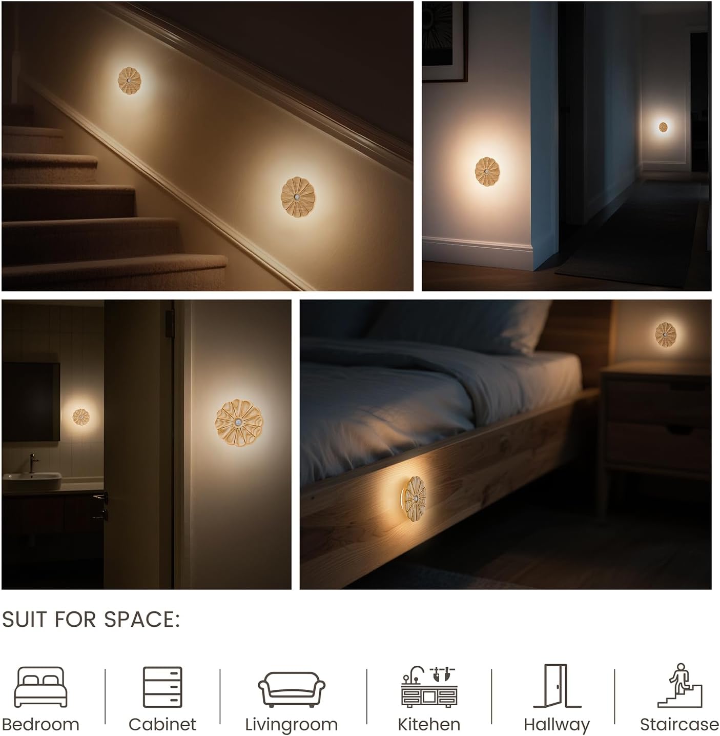 Motion Sensor Night Light Wooden Carved Flower Mini USB Rechargeable Stick-On Step Lights Magnetic Wall Lights for Hallway Bedroom Living…