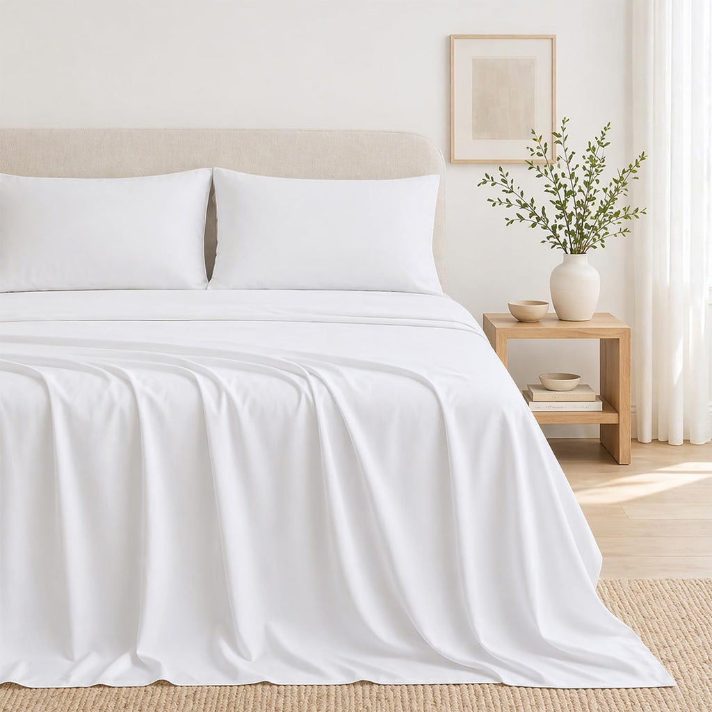 THREAD SPREAD Egyptian Cotton Sheets Queen Size – 300 Series 16" Deep Pocket 100% Cotton Queen Sheet Set (4 PC, White), Soft, Cooling…