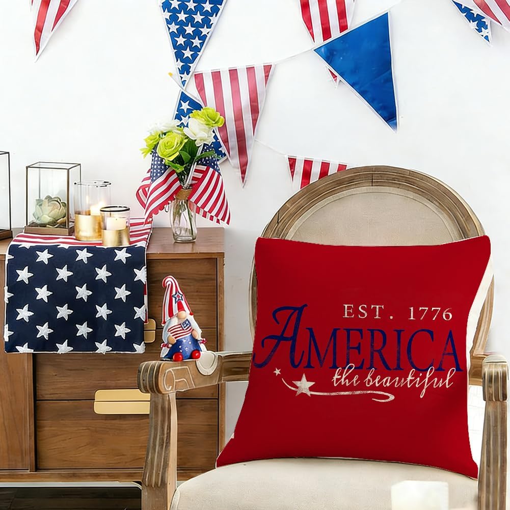 Rabusofa 4th of July Patriotic Signs Throw Pillow Covers 18x18 Inch, Red White and Blue Memorial Day Independence Day Fourth of July Outdoor…