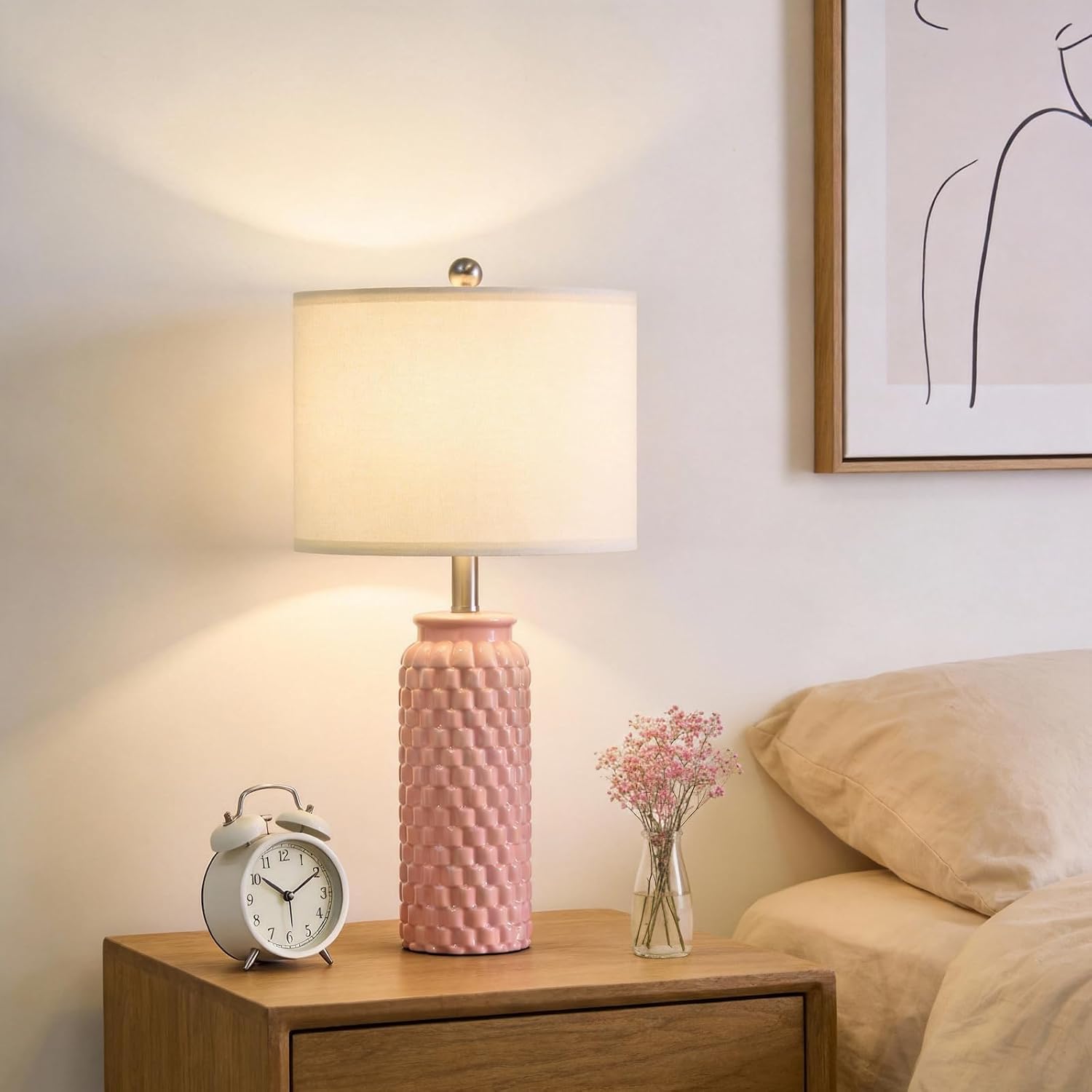 USumkky 24" Modern Ceramic Pink Bedside Lamp Set of 2 Table Lamp for Bedroom Decor Farmhouse Table Lamp for Living Room Office Dorm