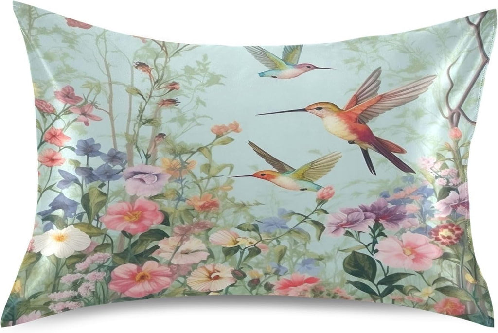 YETTASBIN Hummingbirds Flower Satin Pillowcase, Soft Breathable Silk Pillow Case with Envelope Closure for Hair and Skin, Standard Size…