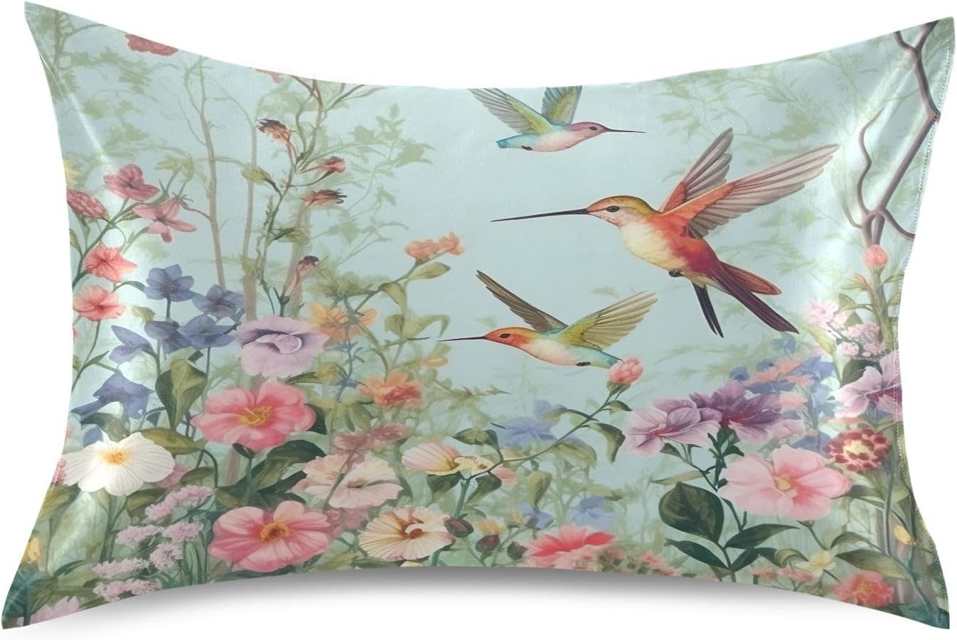 YETTASBIN Hummingbirds Flower Satin Pillowcase, Soft Breathable Silk Pillow Case with Envelope Closure for Hair and Skin, Standard Size…