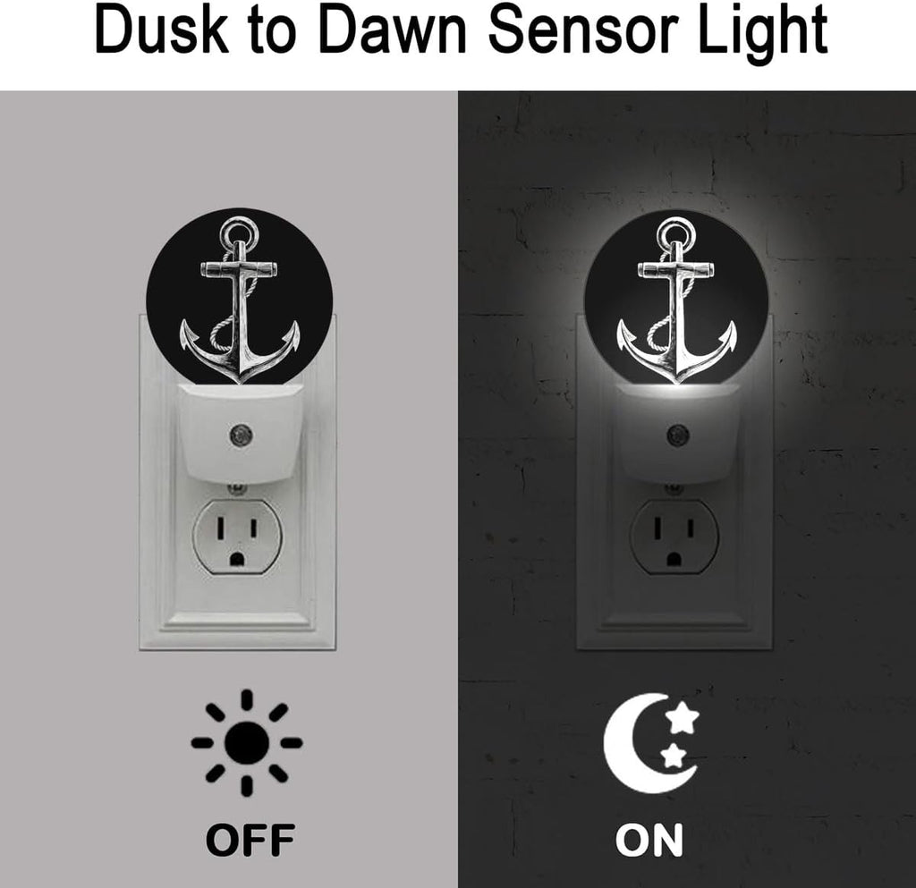 Nautical Anchor Black Night Light Plug Into Wall Auto Led Sleep Round Lamp for Living Room Hallway Stairs
