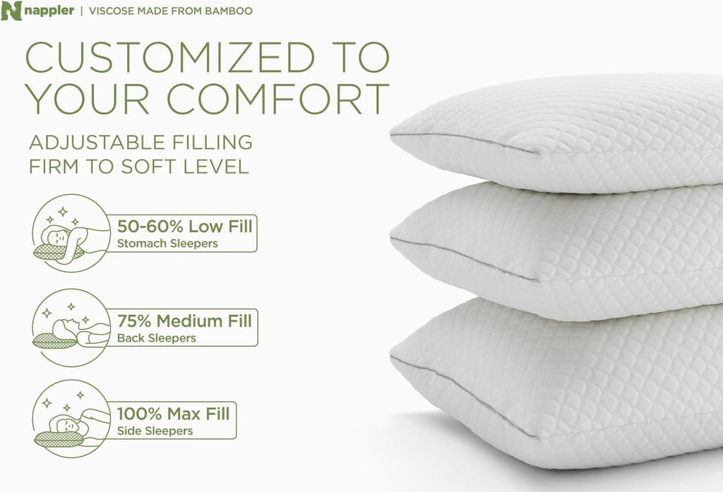 Nappler Cooling Pillow for hot Sleepers -Bed Pillows Standard Size Set of 2 - Adjustable Shredded Memory Foam - Medium to Firm Pillows for…