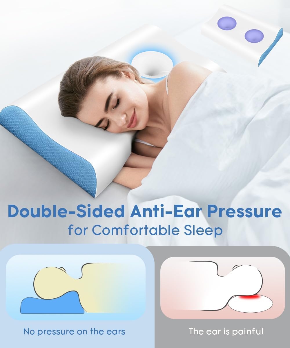 Tskuiqi Cervical Pillow for Neck - Contour Pillow Memory Foam Pillows for Sleeping, Double Ear Relief Zones Neck Pillow, 6CM Enhance…