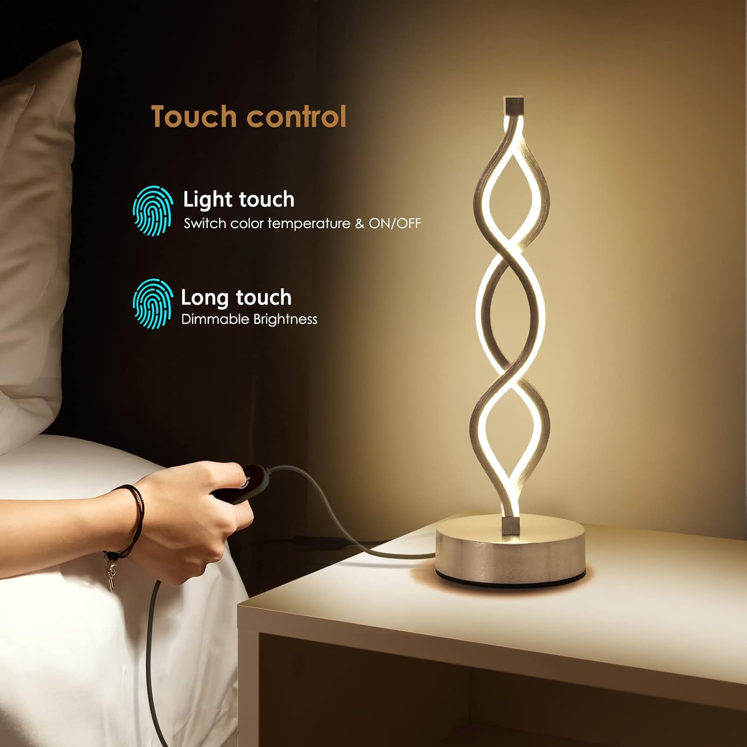 NUÜR Silver Lamps for Bedrooms Set of 2, Small Table Lamp, 3 Colour Temperature, 15.8 Inch Height, Bedsides Lamps for Living Room