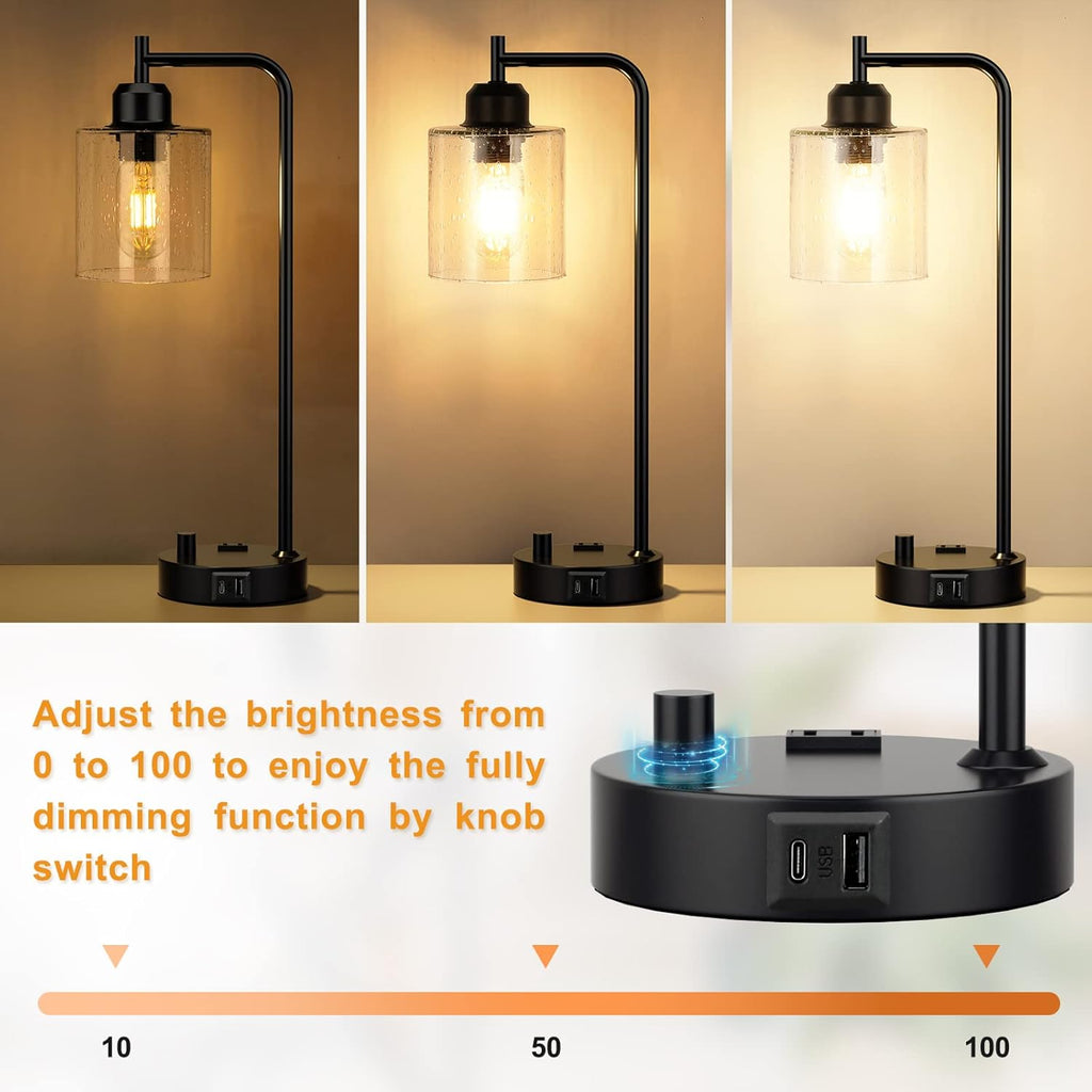 Industrial Bedside Table Lamp for Bedroom - Nightstand Lamps with USB C Charging Port, Fully Dimmable Black Ports and Outlets, Small Desk…