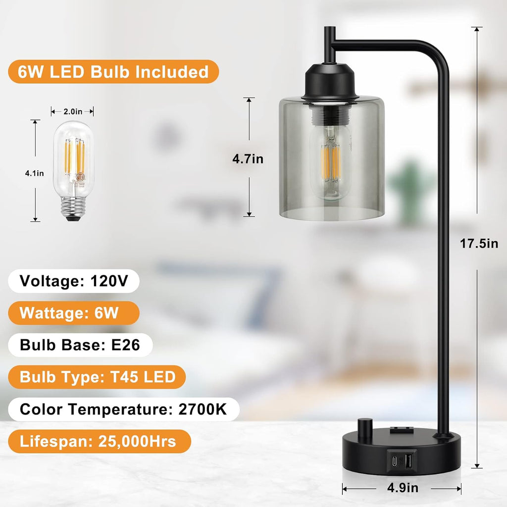 Industrial Bedside Desk Lamps for Bedroom - Grey Smoked Glass Shade Table Lamp with USB C Port, Fully Dimmable Small Lamps with USB Port…