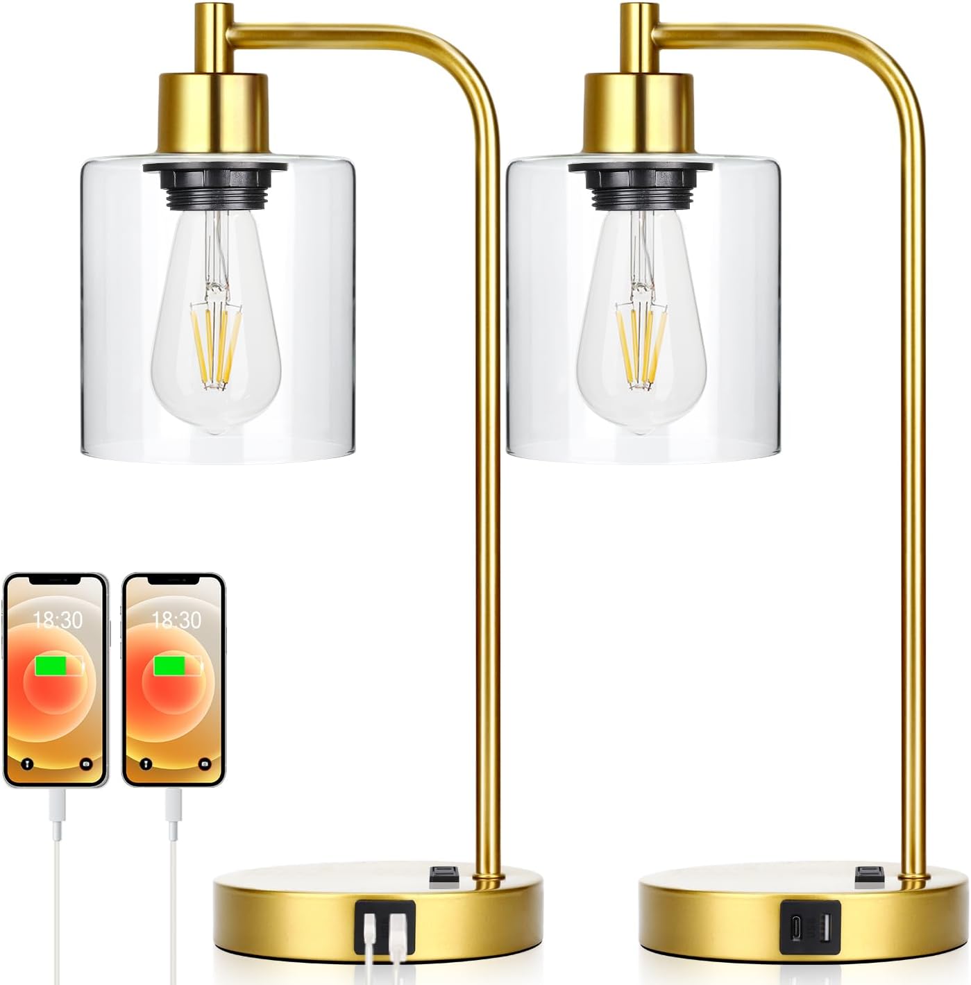 Industrial Touch Control Table Lamps Set of 2 - Gold Nightstand Bedside Lamps with 2 USB Ports & AC Outlet, 3-Way Dimmable Desk Lamp for…