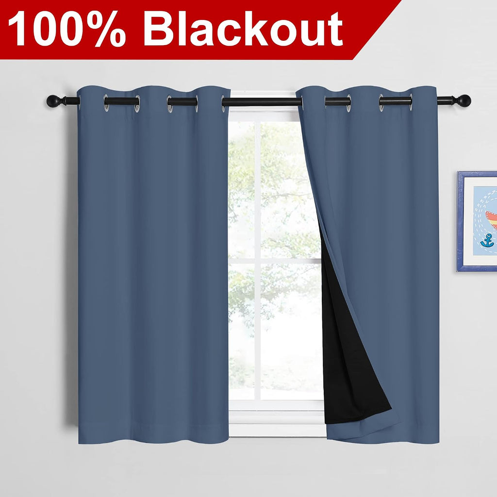 Nicetown Stone Blue 100% Blackout Curtains with Black Liners, Thermal Insulated Full Blackout 2-Layer Drapes, Energy Efficiency Window Drap…