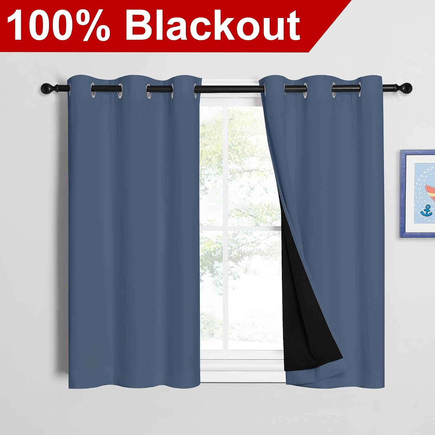 Nicetown Stone Blue 100% Blackout Curtains with Black Liners, Thermal Insulated Full Blackout 2-Layer Drapes, Energy Efficiency Window Drap…