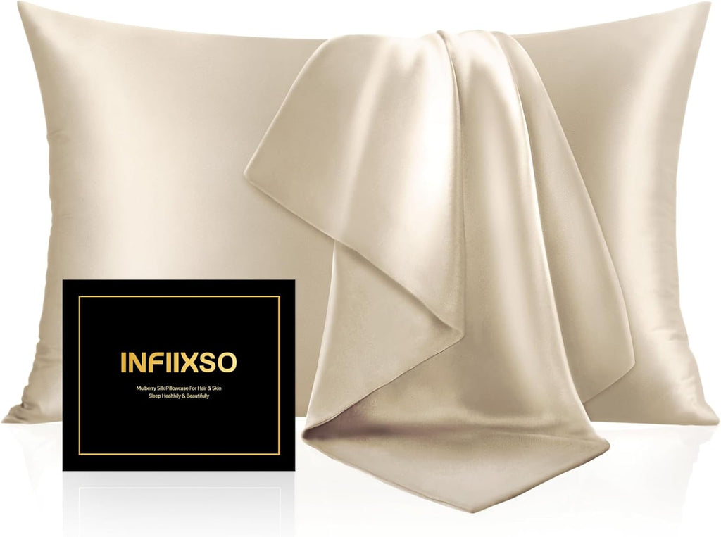 Infiixso Silk Pillow Cases 2 Pack Standard Size, Ultra Smooth & Soft Mulberry Silk Pillow Case for Hair and Skin, Breathable Cooling Silk P…