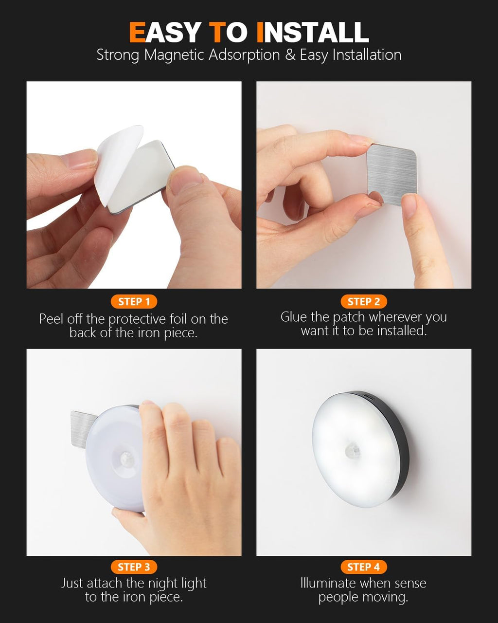 Motion Sensor Night Light Rechargeable, Magnetic Puck Lights, 3 Modes & Dimmable, Motion Sensor Stair Lights Indoor for Bedroom Bathroom…