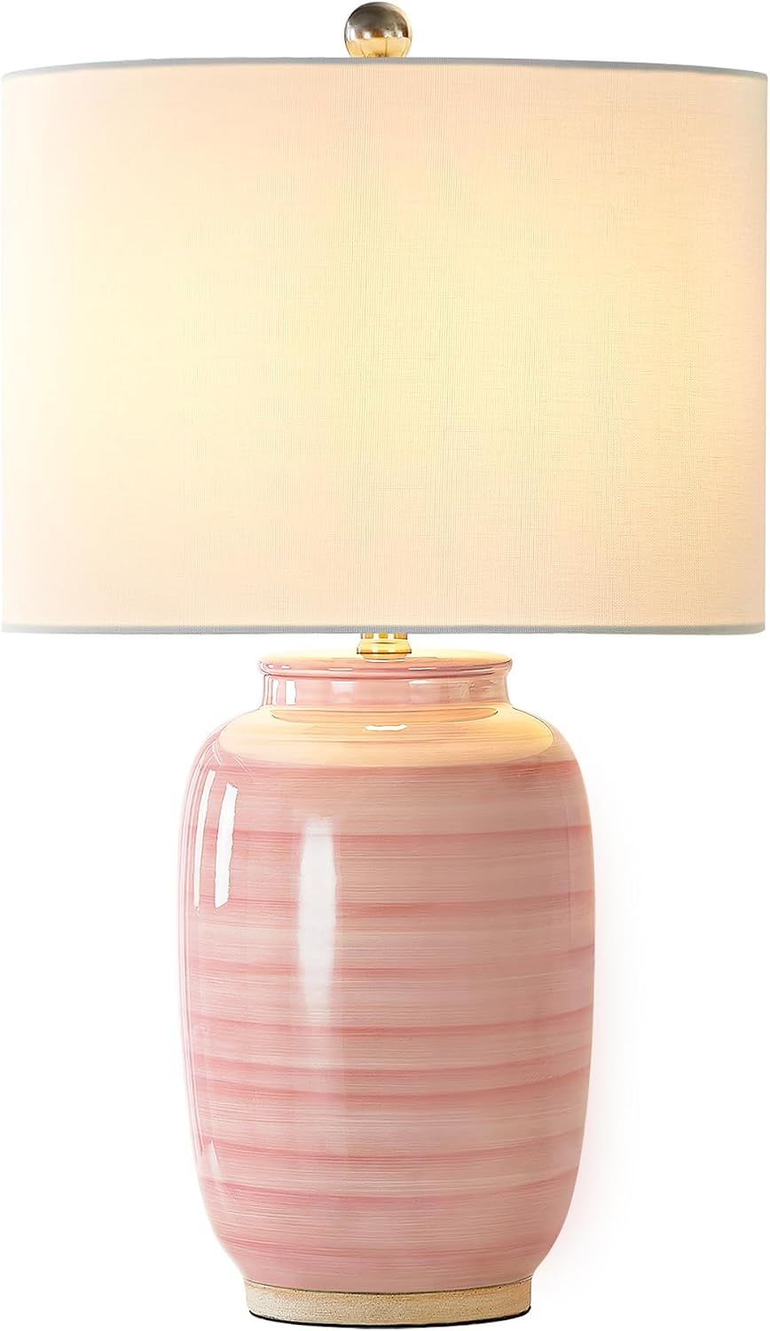 Maxax 25" Pink Ceramic Table Lamp for Living Room, Modern Ceramic Bedside Lamp for Bedroom, End Table Lamp with White Farice for…